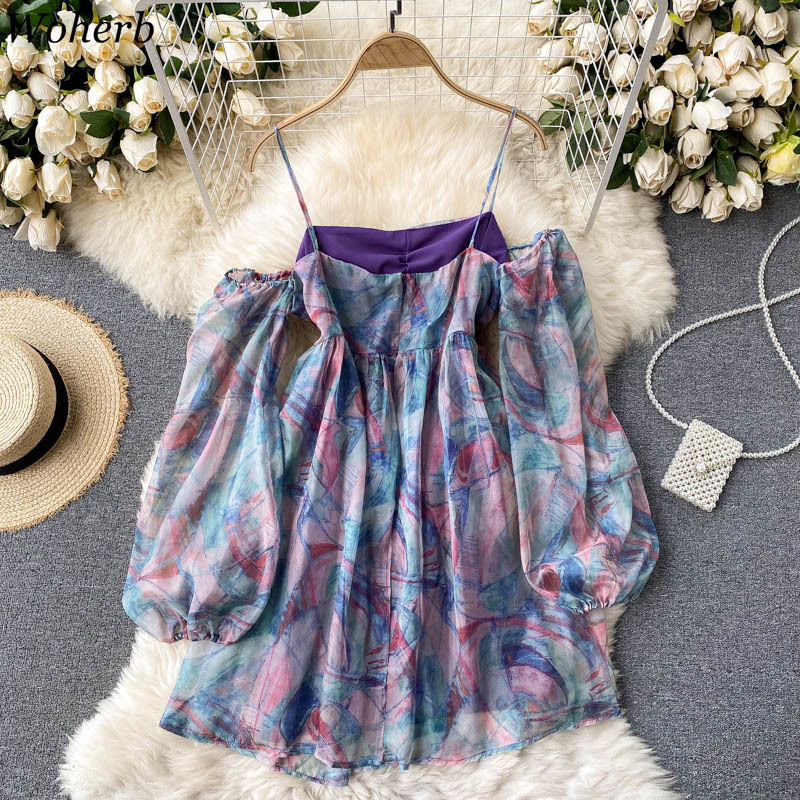 Tie Dye Dresses Women Korean Fashion Sweet Vestidos Feminino Off Shoulder Spaghetti High Waist Summer Mini Dress Robe 210519