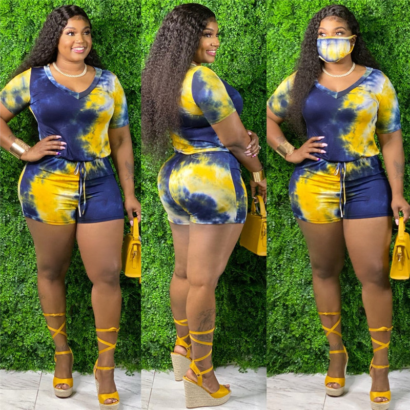 3XL 4XL 5XL Women tie dyed shorts Jumpsuits plus size Rompers short sleeve bodysuits Casual loose Overalls Summer clothes bigger sizes 4X 5X pants 478