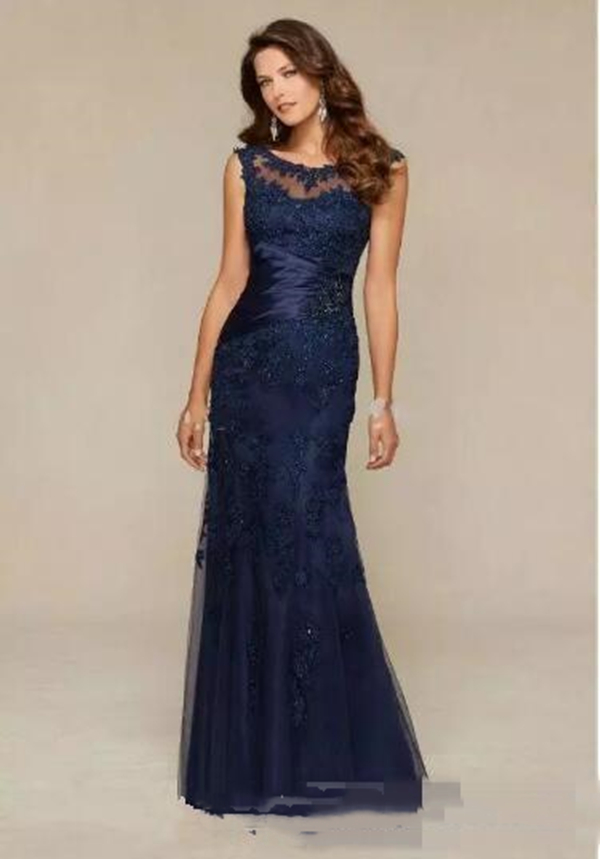 Elegant Dark Navy Mermaid Mother Of The Bride Groom Dresses Appliques Lace Beads Scoop Neck Sleeveless Long Wedding Guest Dress Evening Formal Gowns 2