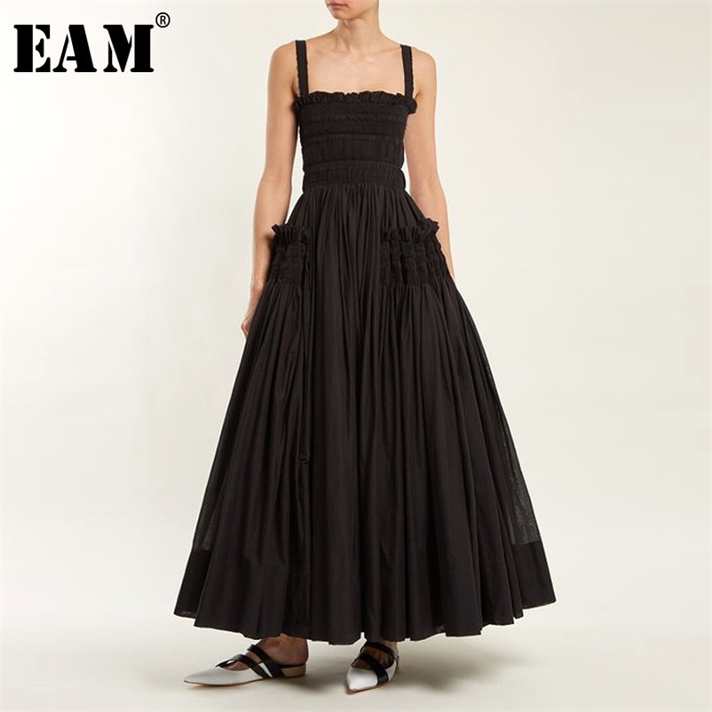 [EAM] Spring Summer Fashion New Solid Color Casual Women White Sling Backless Pleated Shrink Waist Slim Vintage Dress LA670 210409