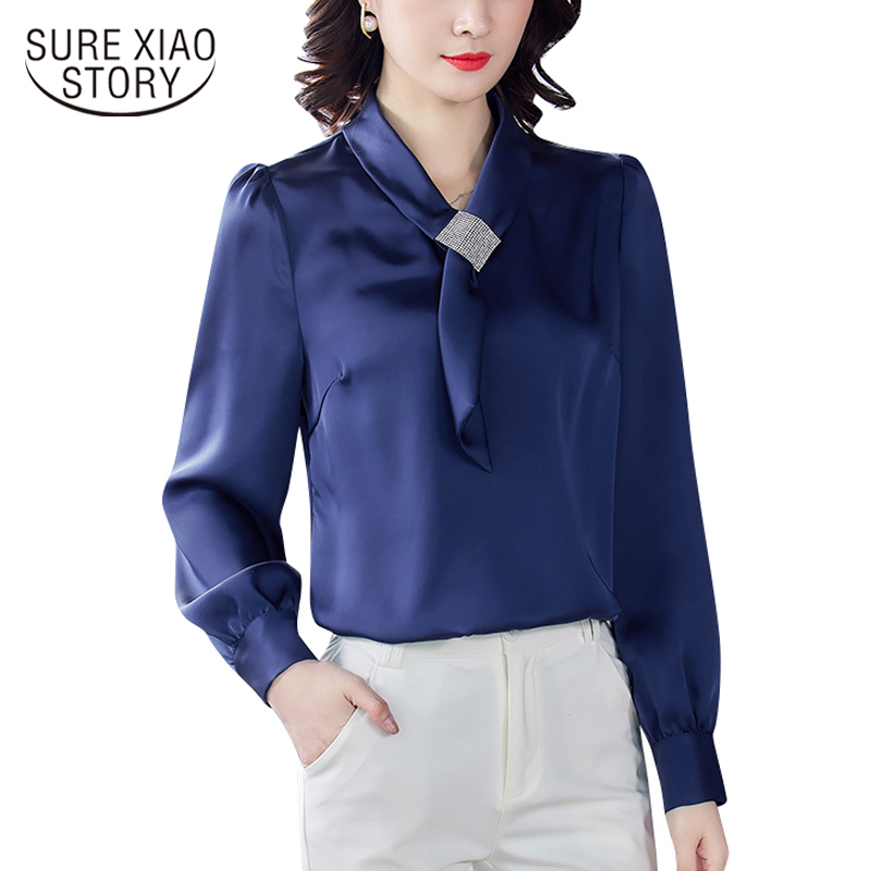 Office Lady Long Sleeve Silk Shirts with Tie Satin Blouse for Women V Neck Plus Size Ladies Tops Clothing 12862 210415