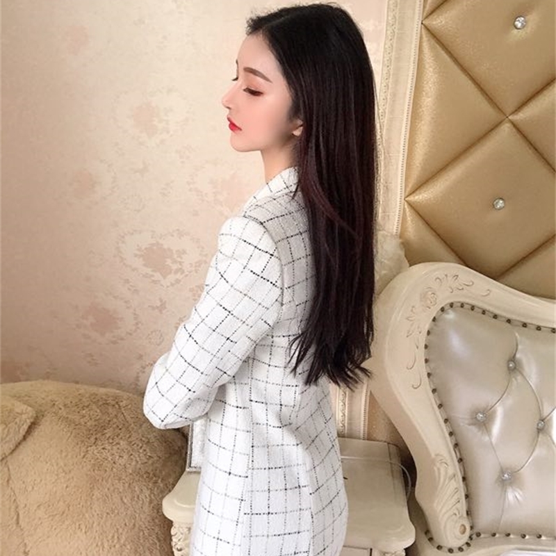 Black /White Plaid Tweed Jacket Double Row Diamond Button Long Coat Fall/Winter Ladies Sparkle Sequin Lady 210520