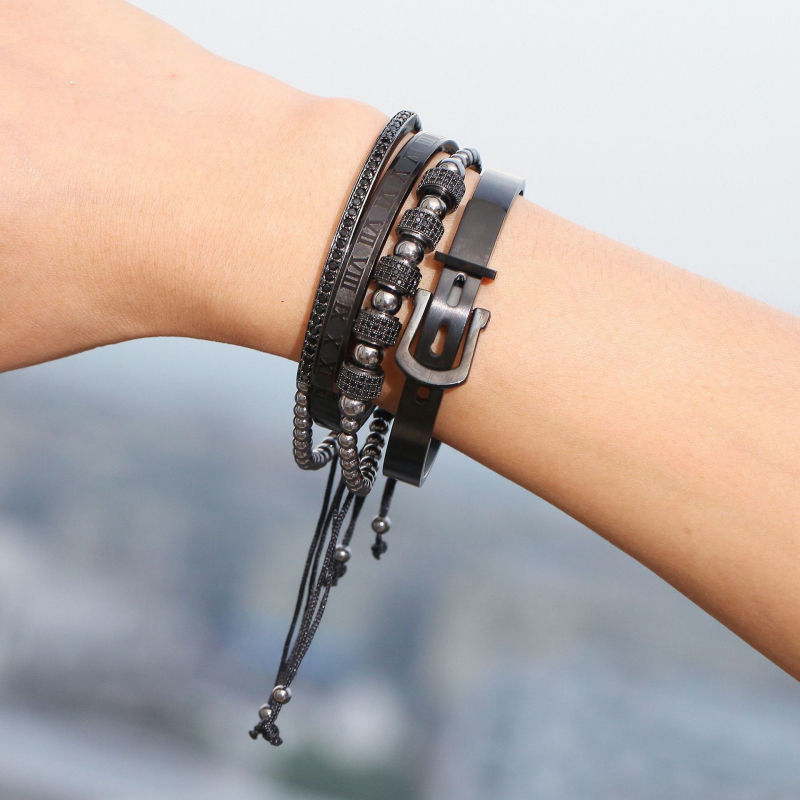 Classic Design Mens Hip Hop Copper Charm CZ Ball Beads Bracelets Roman Numerals Bangle Bracelets Male Jewelry 4PCS/Set