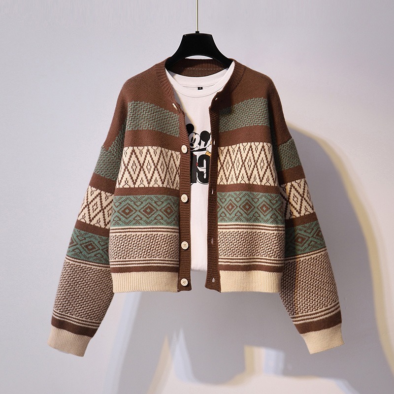 Autumn Winter Clothes Women Sweaters Print Vintage Warm Short Cardigans Korean Style Loose Mujer Sueter 17866 210415