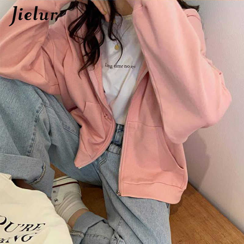 Jielur Chic Zipper Female Sweatshirt Hooded Pullovers Soild Color Hoodies Autumn Loose Harajuku Women Tracksuit White M-2Xl 210910