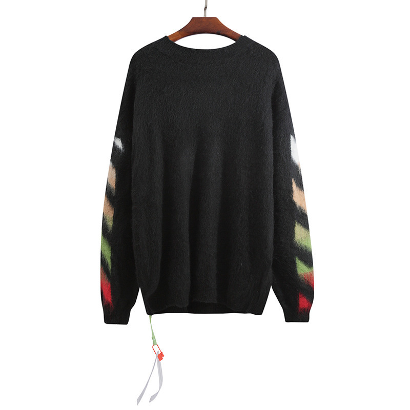 White Off Style High Quality Color Blocking Gradient Arrstyle Mohair Men' and Women' Fashion Sweater, Black
White Off Style High Quality Color Blocking Gradient Arrstyle Mohair Men' and Women' Fashion Sweater, Black