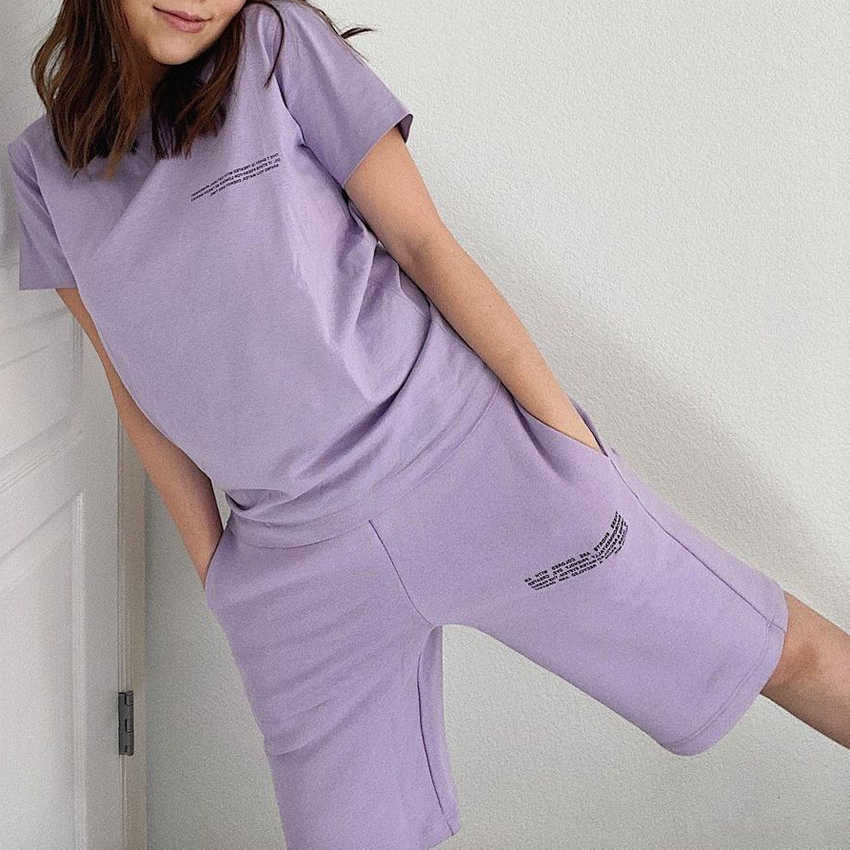 womens tshirts short sleeve crewneck tees summer tops loose fit athletic long sweat shorts two piece sets lounge workout outfits 210707