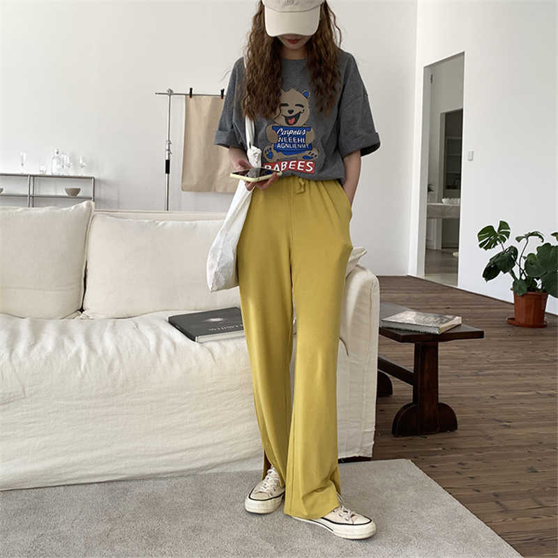 Qooth Drape Split Wide Leg Pant's Straight Loose Casual Trousers Spring Autumn All Match High Waist Solid QT691 210609