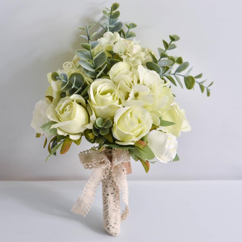 Bridal Flower Hand Bouquet Fake Roses Silk Eucalyptus Hydrangea Artificial Plants Wedding Decoration Bouquets Decorative Flowers & Wreaths