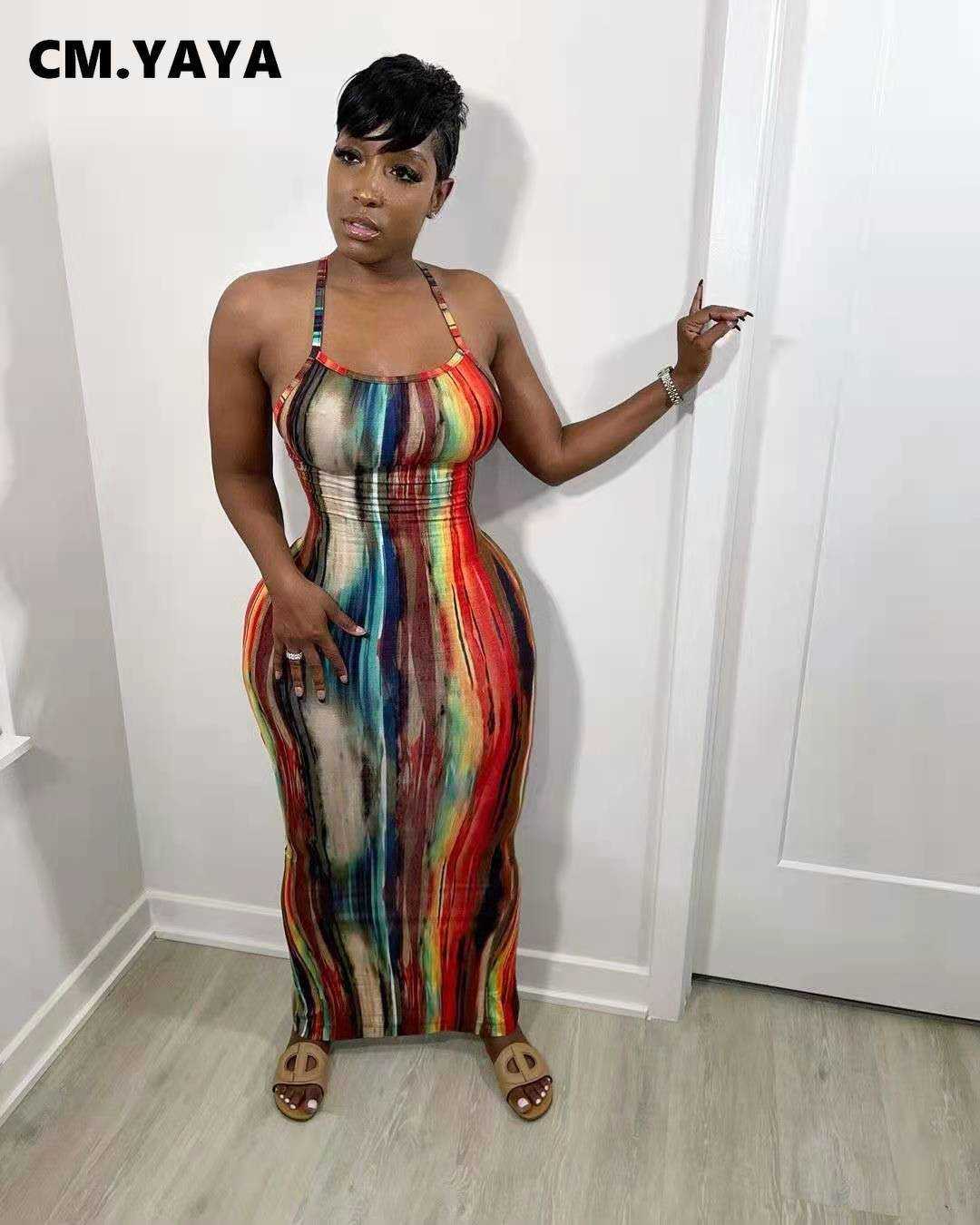 CM.YAYA Tie Dye Print Halter Open Back Maxi Dress For Women Bodycon Sleeveless Splited Pencil Midi Long Dresses Summer 210623
