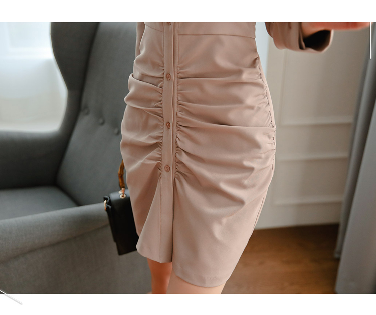 Korea fashion Single-breasted Ruched Shirt Dress Women Spring OL Turn-down Collar Work Wear Solid Color Pencil Vestidos 210518