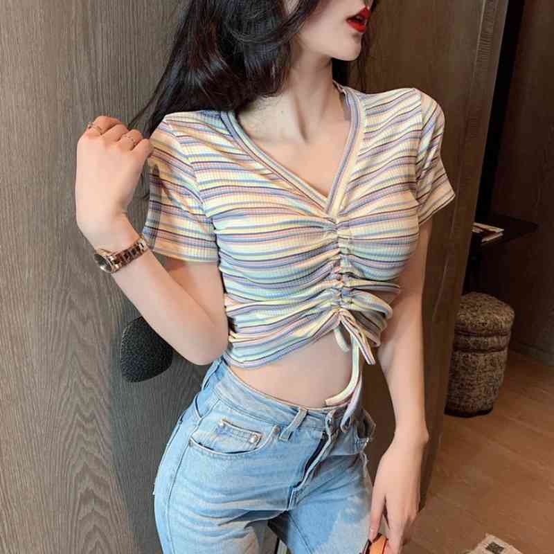 Fashion Sexy V Neck Short Sleeve Drawstring Bandage Rainbow Striped Tshirts Women Summer Knitted Crop Tops Sweet Tees Wild 210429
