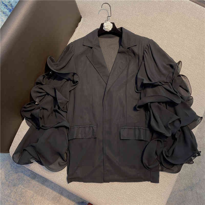 Loose Patchwork Ruffle Blouse For Women Notched Long Sleeve Casual Korean Shirt Female Fashion Clothing 210524