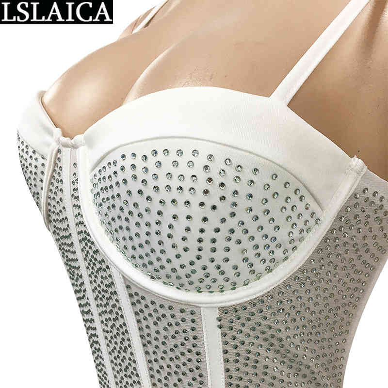 Women's Summer Dress Backless Diamonds Decorated Mesh Patchwork Bodycon Evening Party Chic Fashion Suspender es Lady 210515