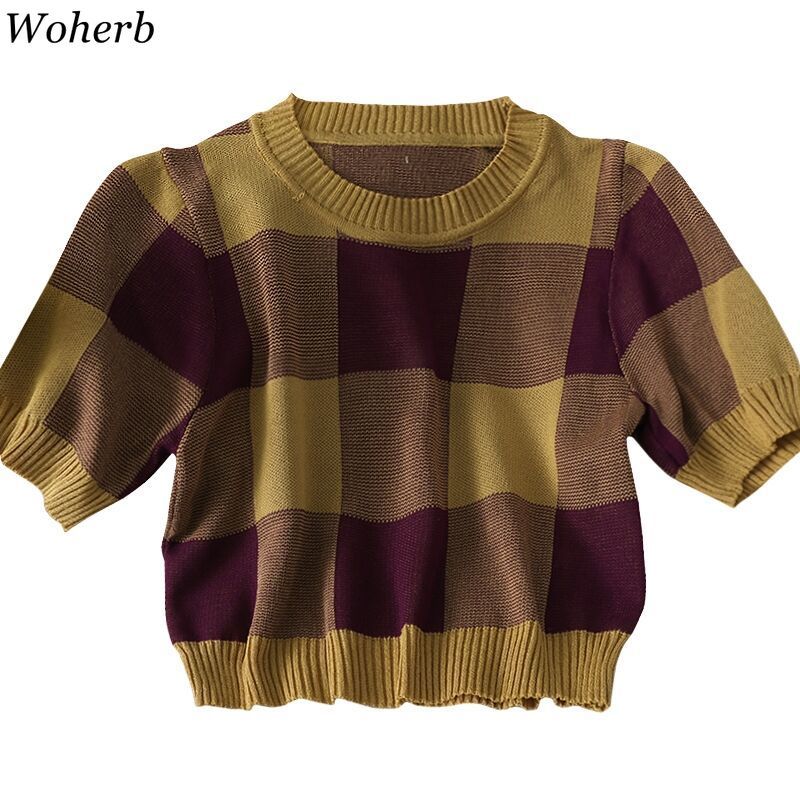 Contrast Color Plaid T-shirt Women Summer Thin Knitted Tops Korean Fashion Crop Top Knitwear Chic Streetwear 210519