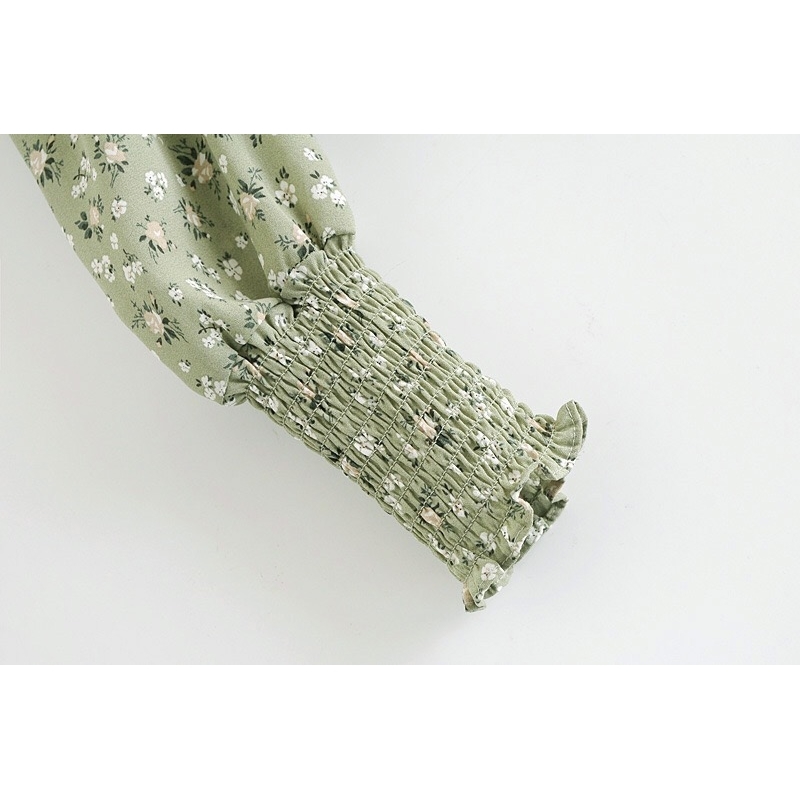 Vintage Green Flower Print Crop Shirt Women Sexy Square Neck Elastic Ruched Body Slim Fit Blouse French Summer Elegant Tops 210429