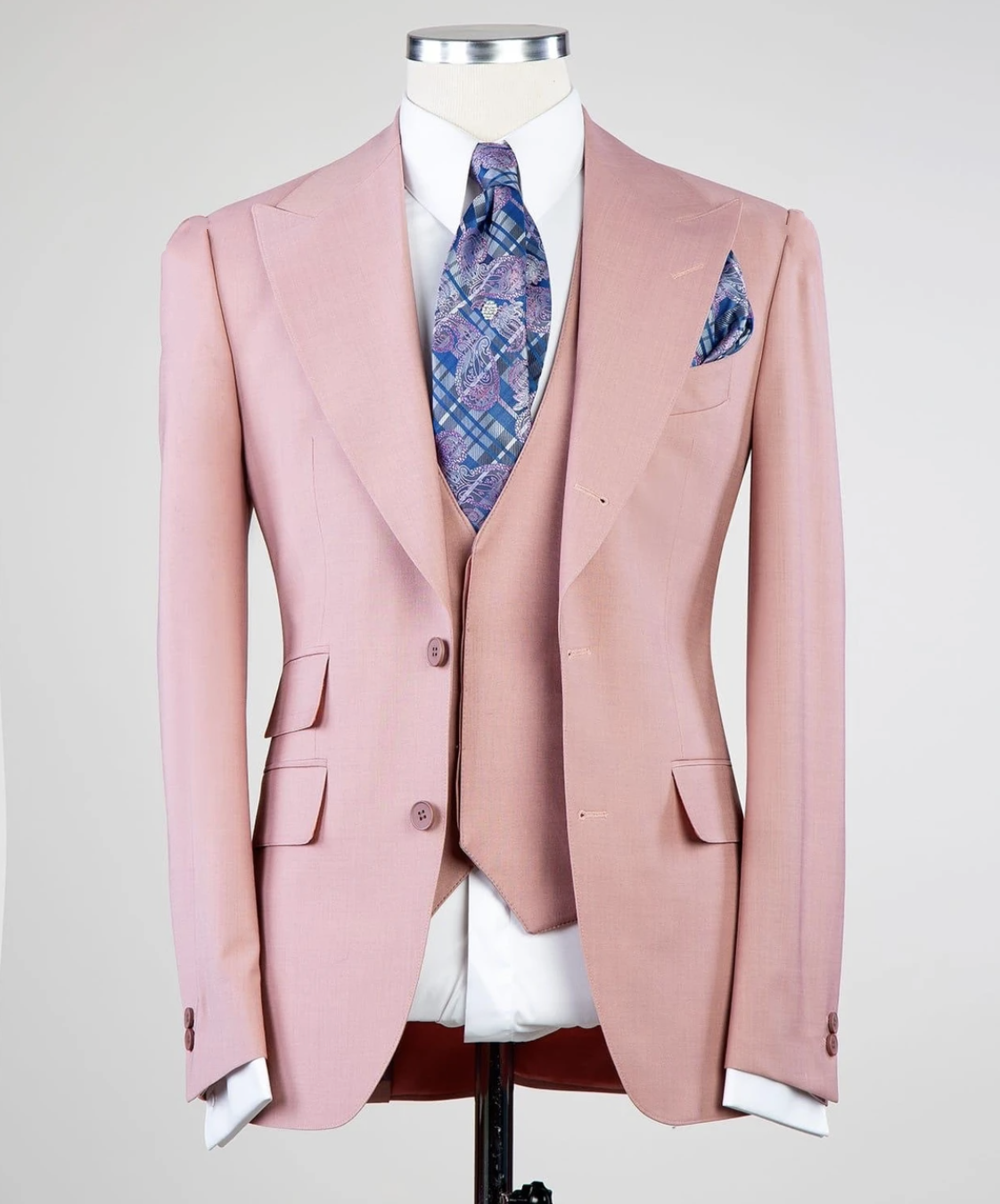 Two Buttons Rose Pink Men Wedding Suits Groom Tuxedos Peak Lapel Groomsmen 3 Pieces Formal Wear Set Slim Fit Mens Prom Party Blazer ( Jacket + Pants +
