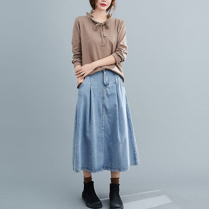 Autumn Arts Style Women High Waist Cotton Denim Skirts All-matched Casual Vintage A-line Long Skirt Plus Size M647 210512