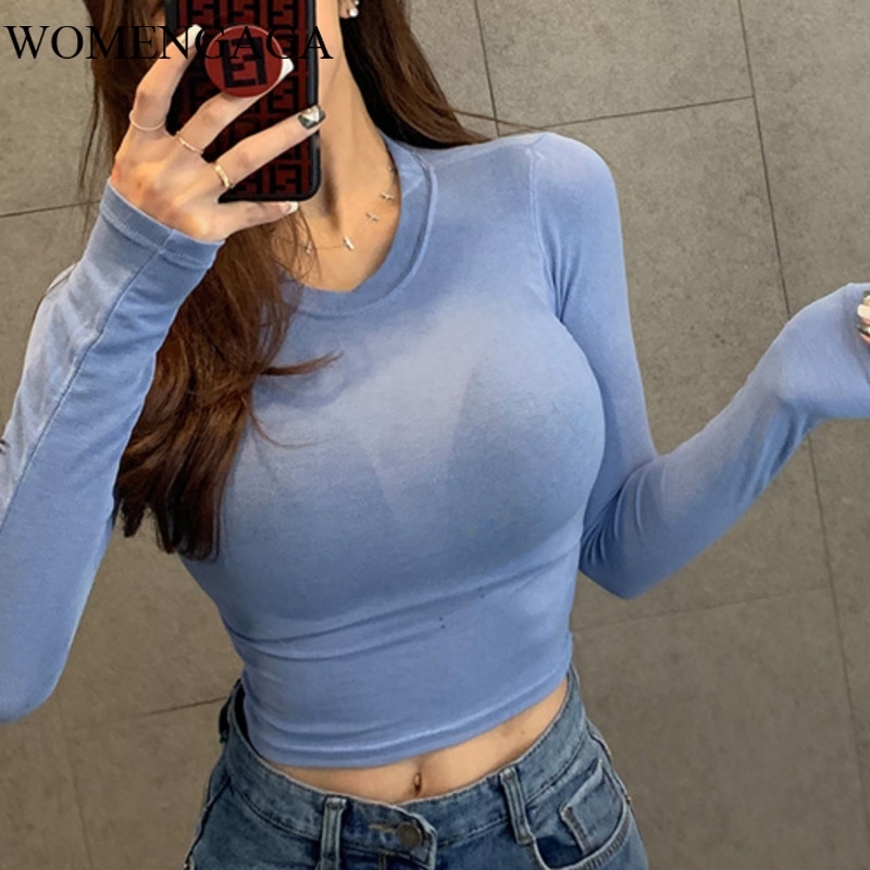 Spring Lady Black Solid red sexy Slim Fit Tee Women Highstreet Casual Long Sleeve short Tshirt Tops female girls tshirt GWQ1 210603