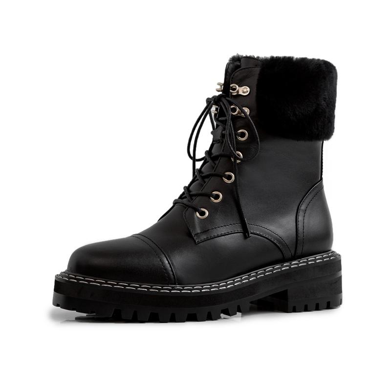 Boots Leather Snow Women Autumn Winter Cross Strap Low Square Heels Motorcycle Female Brown Back Sewing Wool Ankle Boot