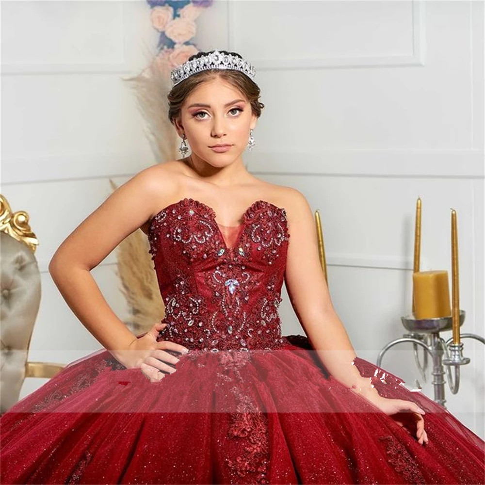 Dark Red Sequins Puffy Ball Gown Quinceanera Dresses Beaded Off Shoulder Tulle Sequined Sweet 15 16 Dress XV Party Wear