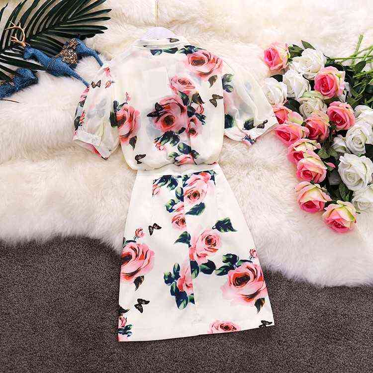Women Summer Pink Rose Printed 2 Piece Set Sweet Bow Collar Long Sleeve Chiffon Shirt Top + Colorful Button Skirt 211106