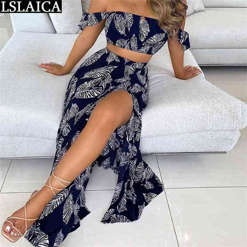 2 Peice Set Women Summer Leaf Print Slash Neck Off Shoulder Skirt And Top Lady Split Fashion Clothes Sexy Party Roupas 210515