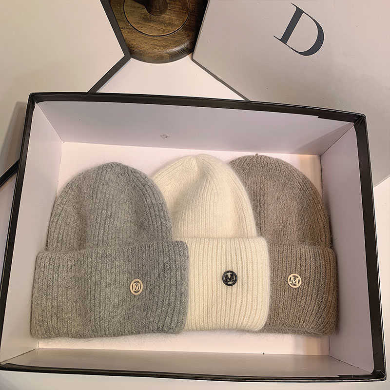 USPOP Women's Hats Winter Thick Warm Knitted Hats Solid Color Letter M Soft Rabbit Hair Skullies Beanies 211012