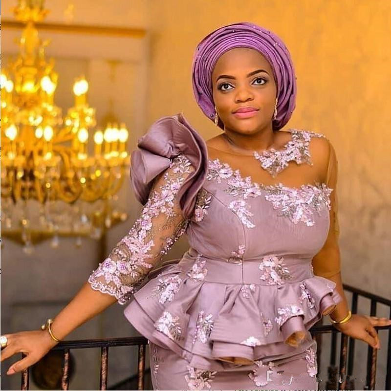 Aso Ebi Style Mother Of Bridal Dresses Illusion One Shoulder Half Sleeves Lace Appliques African Evening Floor Length Prom Dress