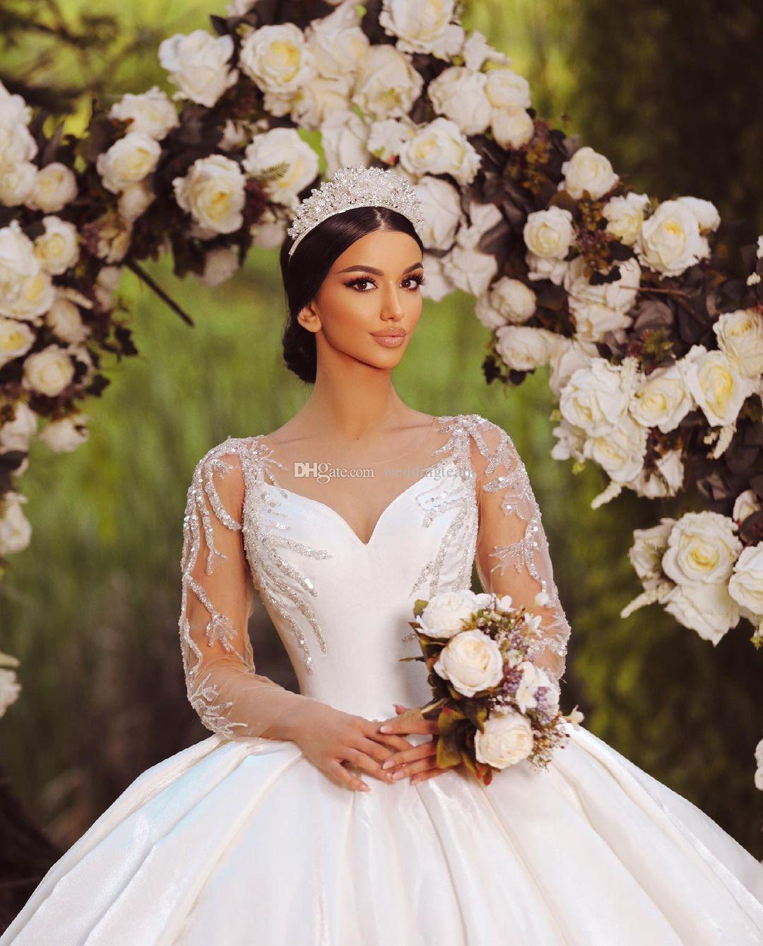 Sleeves Long Ball Gown Wedding Dresses Satin Beading Sequins Illusion Back Bow Custom Made Dubai Arabic Plus Size Sweep Train Vestido De Novia