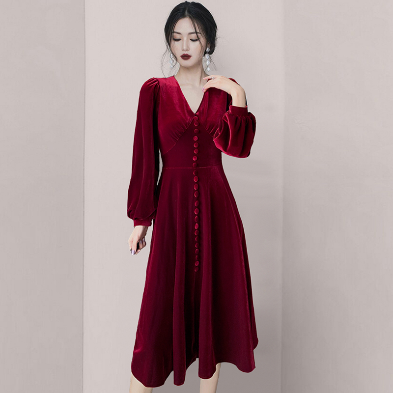 Autumn And Winter Ladies Temperament V-Neck Party Dresses Slim Waist Golden Long Velvet Vestido Da Festa 210520