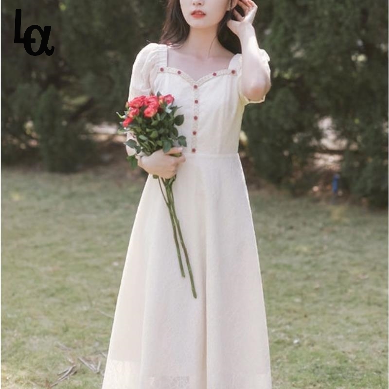Summer Vintage Fairy Dress Women Korean Chic Solid A-line Lace Romantic Cottagecore Puff Sleeve Midi es 210519, Apricot
Summer Vintage Fairy Dress Women Korean Chic Solid A-line Lace Romantic Cottagecore Puff Sleeve Midi es 210519, Apricot