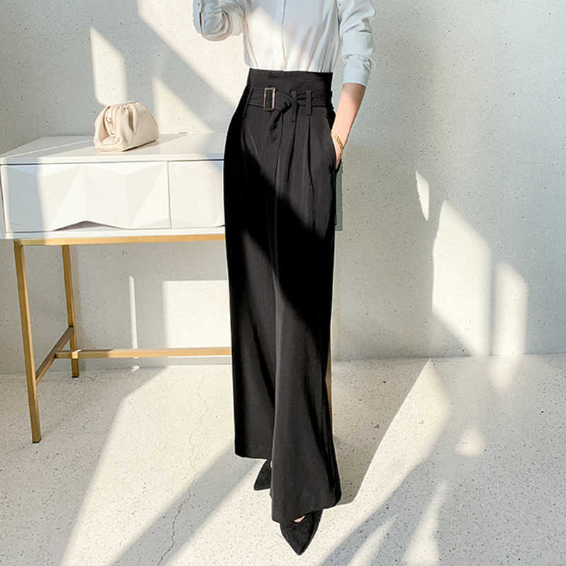 chic women's straight wide leg pants with belt Spring Summer female casual loose high waist pants Trousers 210702