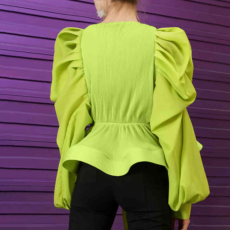 Casual Patchwork Pleated Women Blouse V Neck Lantern Long Sleeve High Waist Lace Up Ruffle Shirt Female Fashion 210524