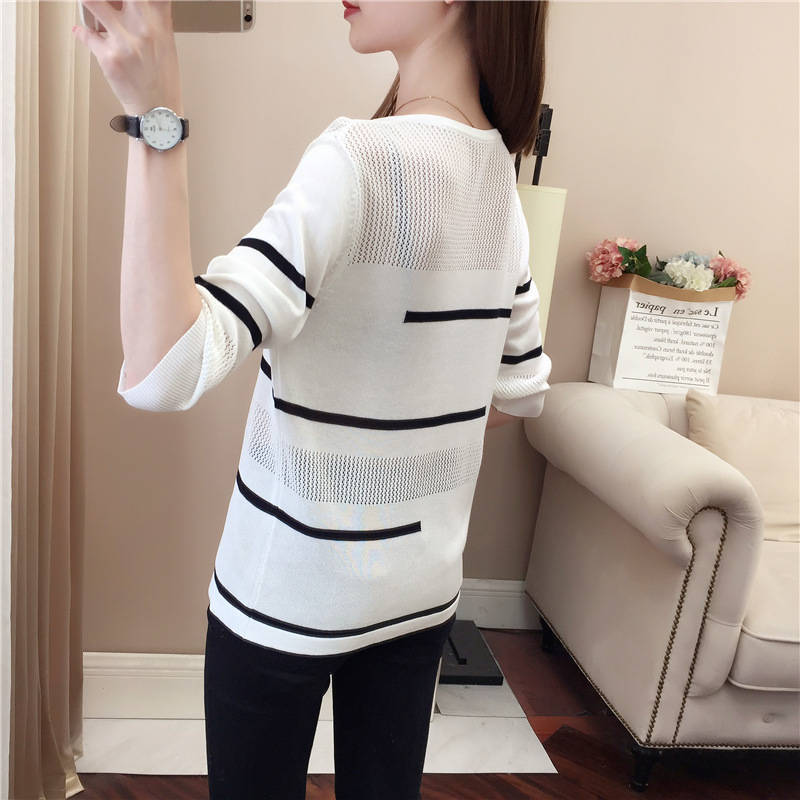 Girls Hollow Striped Sweater Women Cool Round Neck Loose Base Pullovers Jumper Long Sleeves Female Spring Summer 210427