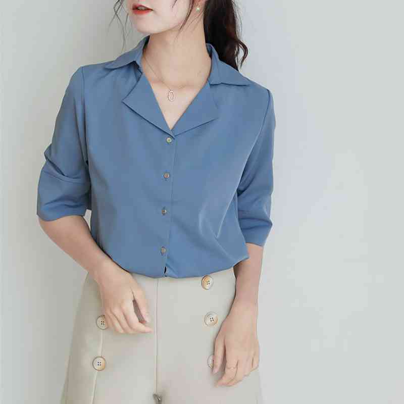 Korea Office Ladies Pure Shirts For Women Half Sleeve Blazer Collar Blouses Summer Single-breasted Female Loose Elegant Blousas 210514