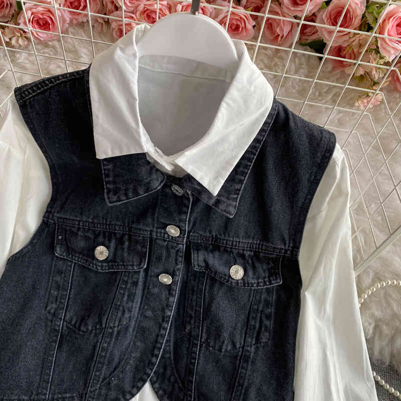 Nomikuma Spring Korean Women Sets Causal Demin Vest + Medium-long Solid Long Sleeve Blouse Shirt Outfits 6F523 210427