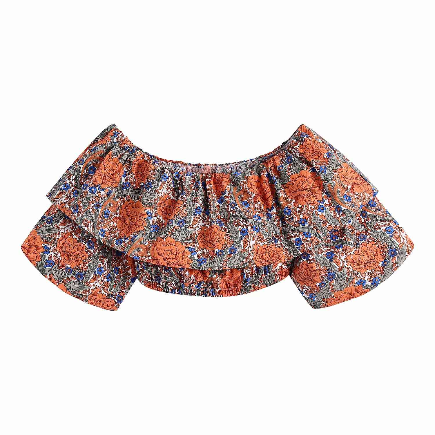 Women Print Tops Ruffled Cropped Shirt Chic Lady Fashion Casual Clothes 210517