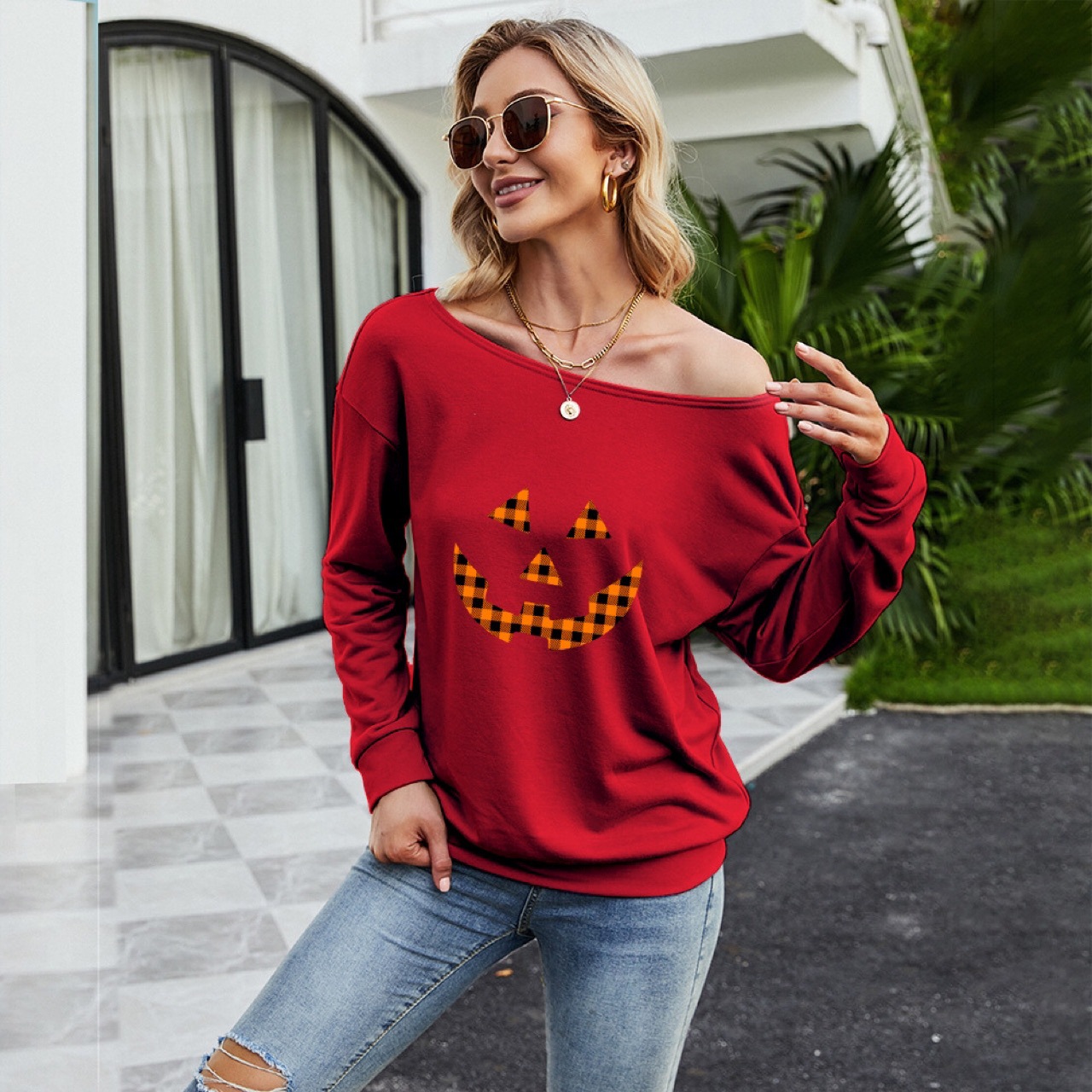 Halloween Sweatshirt Long Sleeve Round Neck Slanting Shoulder Loose Fashion Women, White
Halloween Sweatshirt Long Sleeve Round Neck Slanting Shoulder Loose Fashion Women, White