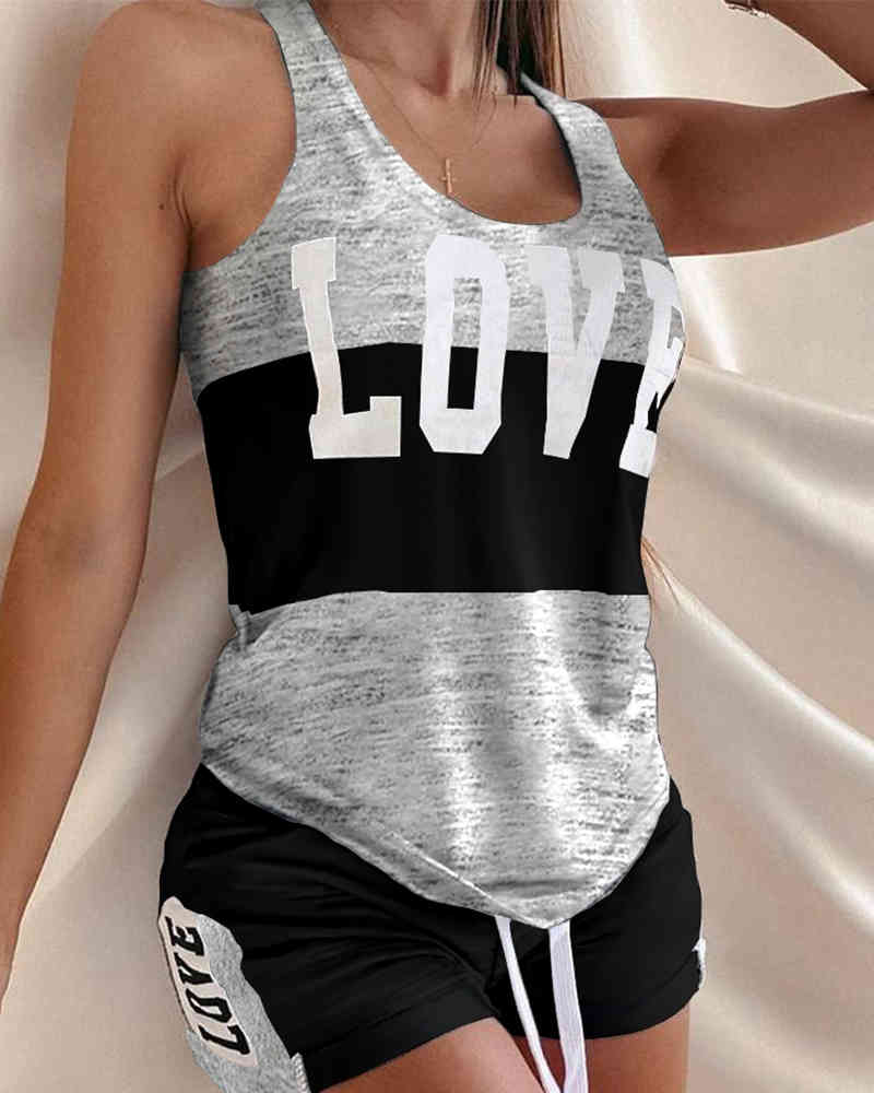 Spring Summer Women's Tank & Shorts Set Valentine's Day New Top & Short Pants Set Femme Heart Print Casual Homewear 210415