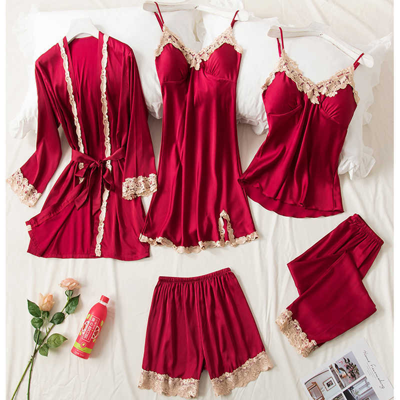 5PCS Robe Sleep Suit Pajamas Set Sexy Lace Stain Red Pajamas Women Silk Pyjamas Dressing Gown Summer Robe Sleepwear Chest Pads 210924