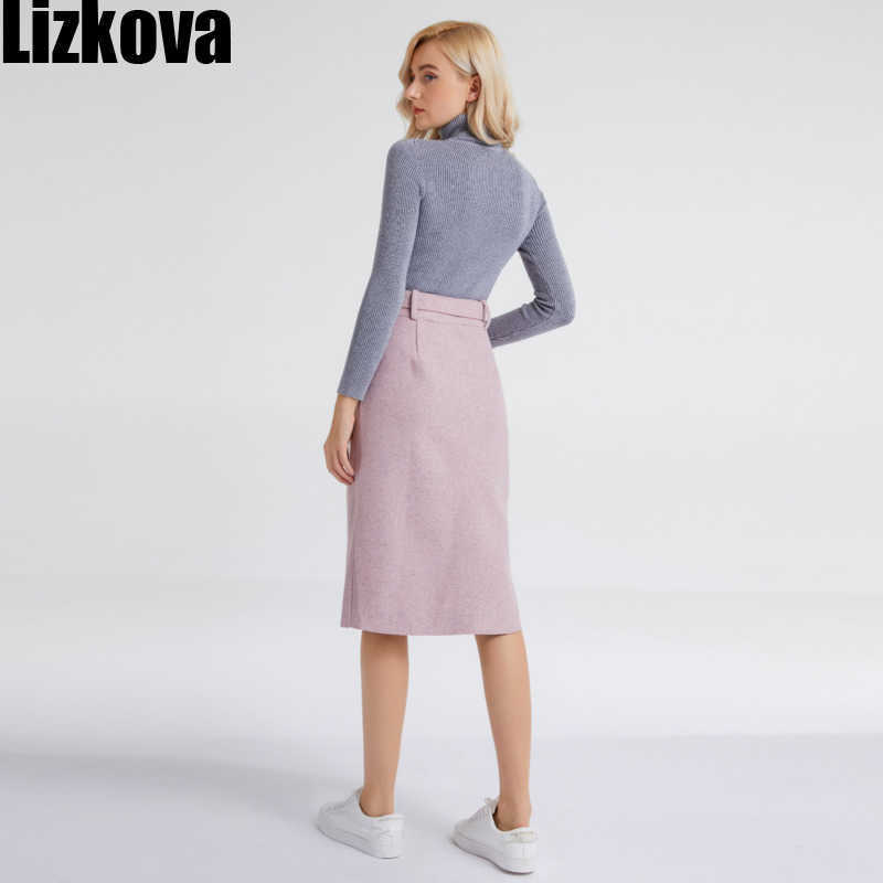 Lizkova Pink Pencil Skirt Winter Women High Waist Split Faldas With Belt Elegant Official Ladies Jupes 2810 210708
