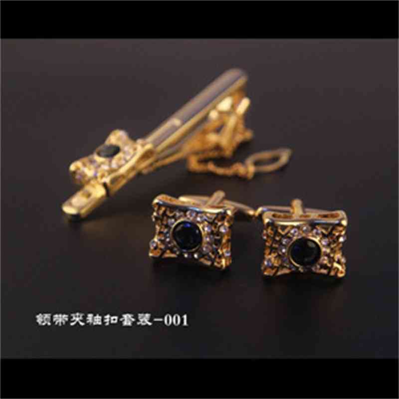 Men's Diamond Inlaid Silver Gold Tie Clip Metal Cufflinks 2-piece Set Boutique 5