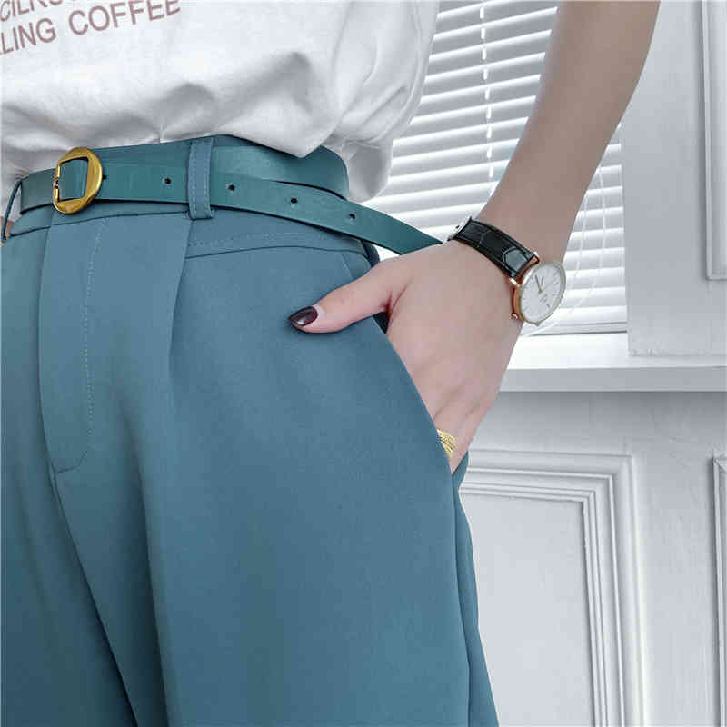 Retro British Suit Pants Solid Loose Trousers Plus Size Casual High Waist Pencil Pants Women Bottoms With Belt 210515
