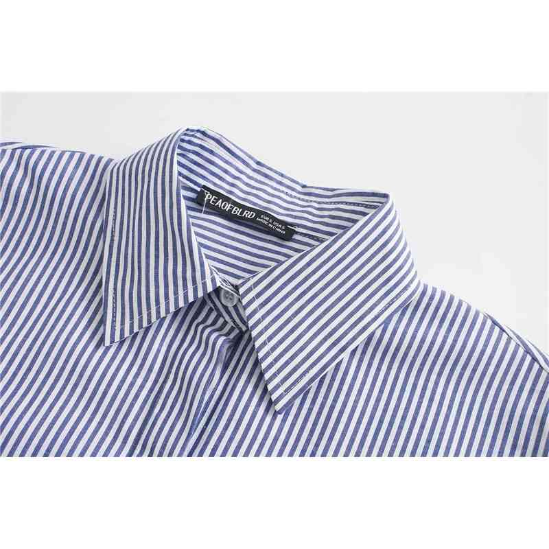 Streetwear Women Blue Striped Shirts Fashion Ladies Cotton Loose Tops Causal Female Chic Turn Down Collar Blouses 210430