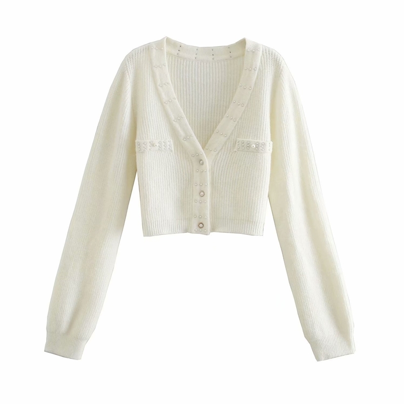 Elegant Women Pearl Sweater Coats Fashion Ladies V-Neck Knitted Tops Sweet Female Chic Solid Short Cardigans 210430