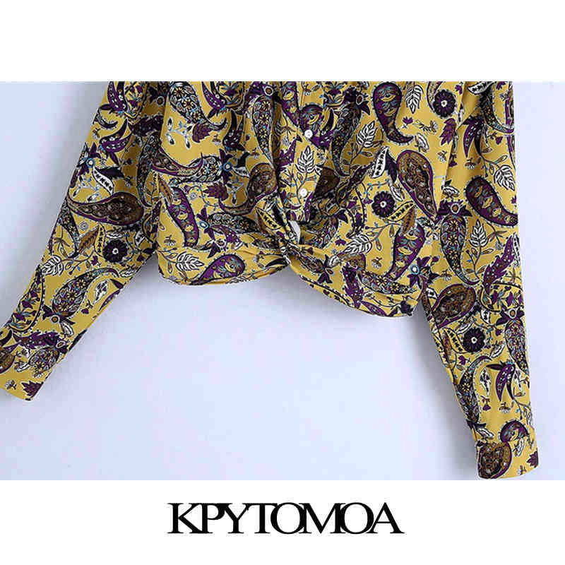 Women Fashion Paisley Print Cropped Knotted Blouses Long Sleeve Button-up Female Shirts Blusas Chic Tops 210420