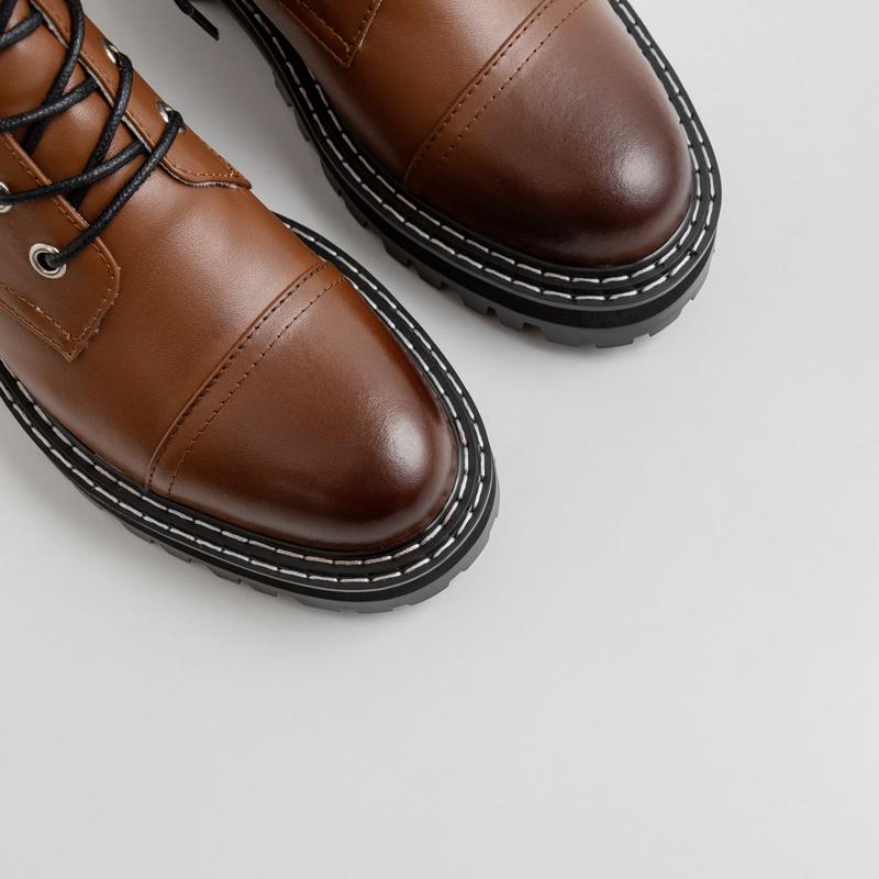 Boots Leather Snow Women Autumn Winter Cross Strap Low Square Heels Motorcycle Female Brown Back Sewing Wool Ankle Boot