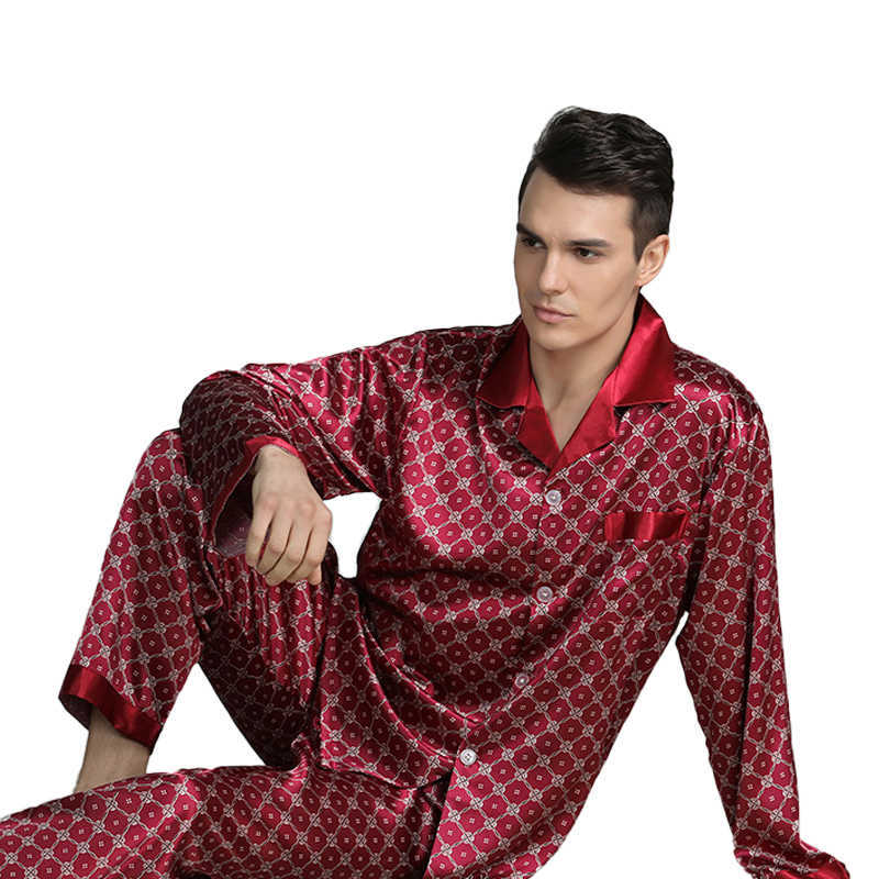 High Quality Silk pajamas paisley Men long-sleeved shirt + trousers two pieces Sleepwear Set Plus Size Pyjamas home clothes Male 211019