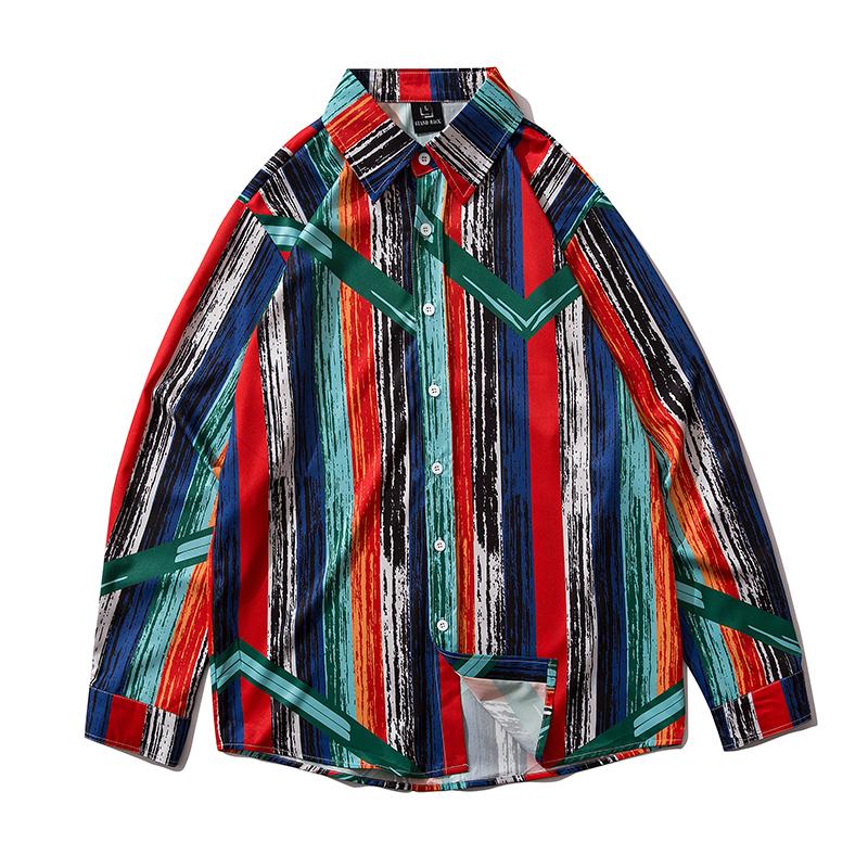 Autumn Men's Retro Striped Printed Shirt Casual Long-sleeved Hip-hop Loose Street Shirts